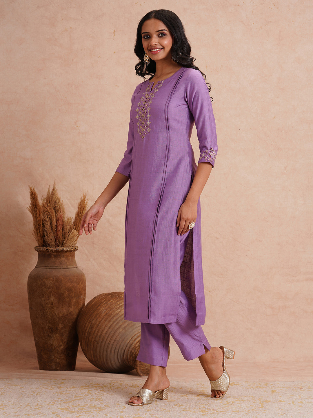 Party Edit- Straight fit kurta in art silk fabric with shaded embroidery on the A zone and sleeve.