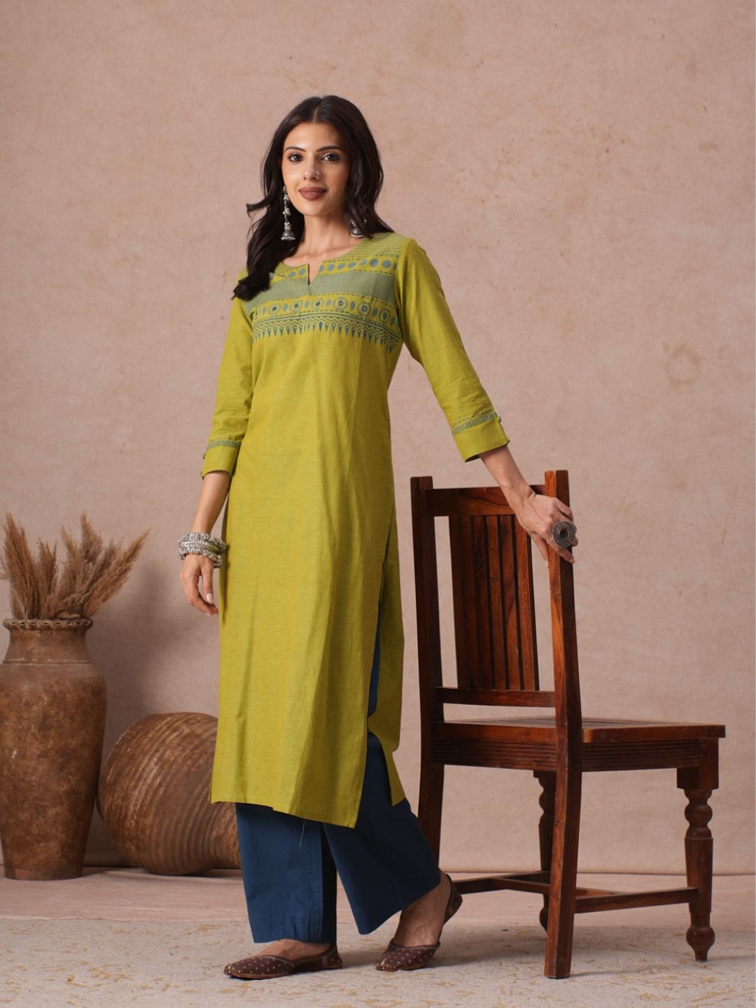Straight Fit Woven Cotton Kurta with Hand Block Print & Mirror Work Detail.