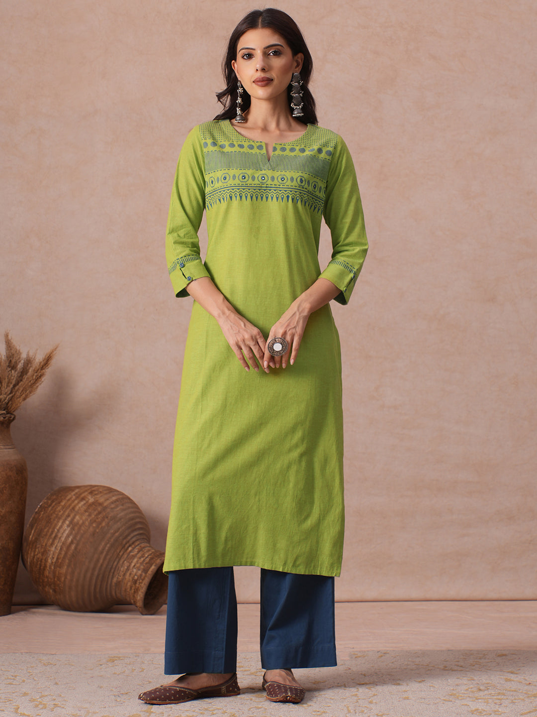 Straight Fit Woven Cotton Kurta with Hand Block Print & Mirror Work Detail.