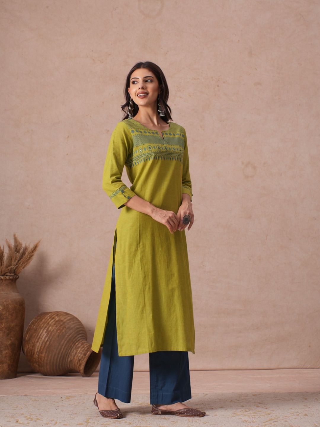 Straight Fit Woven Cotton Kurta with Hand Block Print & Mirror Work Detail.