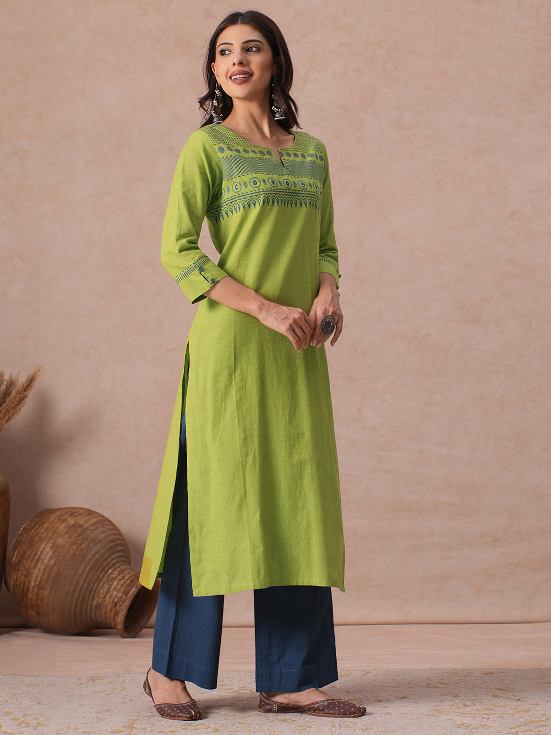 Straight Fit Woven Cotton Kurta with Hand Block Print & Mirror Work Detail.