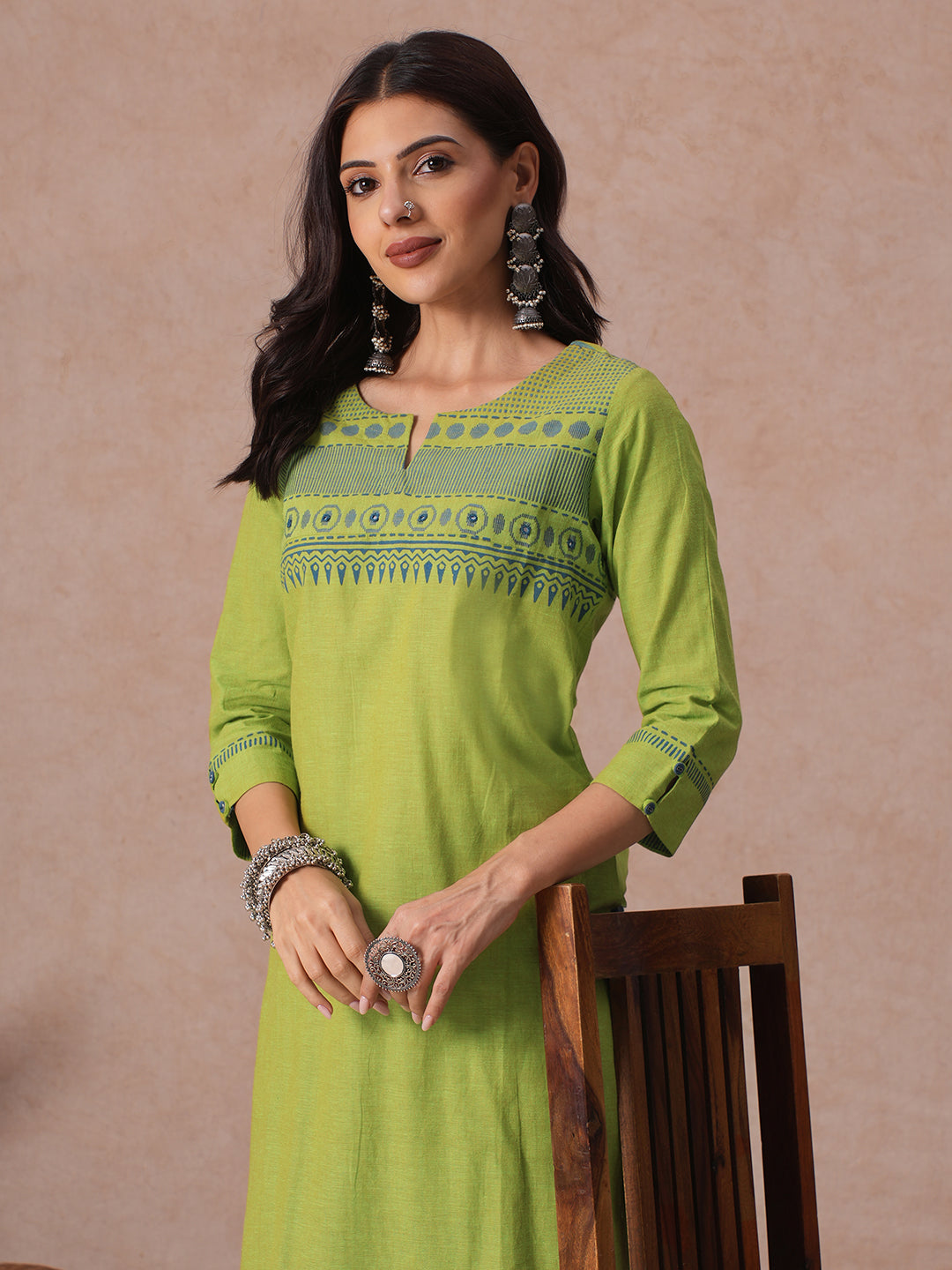 Straight Fit Woven Cotton Kurta with Hand Block Print & Mirror Work Detail.