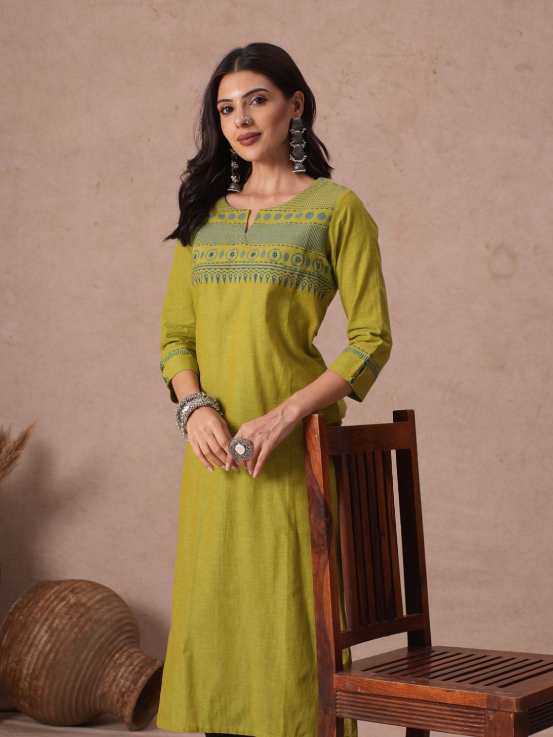 Straight Fit Woven Cotton Kurta with Hand Block Print & Mirror Work Detail.