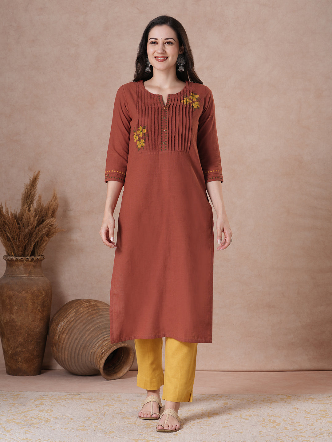 Rust Orange Hand Block Print Cotton Slub Kurta with Mirror Work Yoke.
