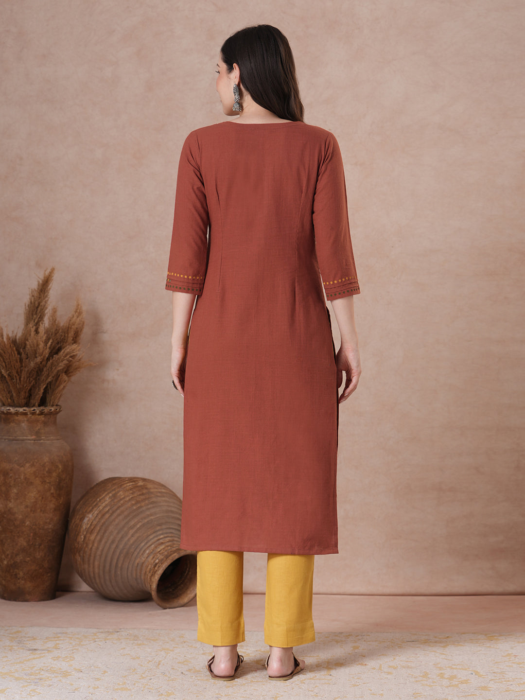 Rust Orange Hand Block Print Cotton Slub Kurta with Mirror Work Yoke.