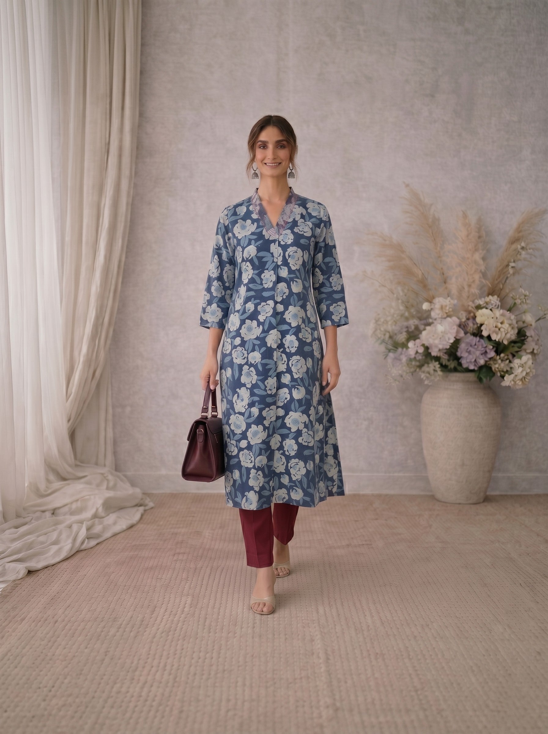 Pocketed A-line kurta in cotton dhabu print with hand embroidery detailing.