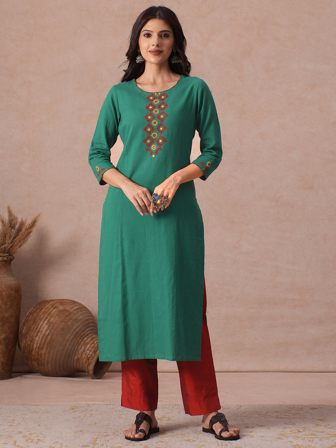 Straight Fit Cotton Khadi Kurta with Rabari-Inspired Hand Embroidery Work.