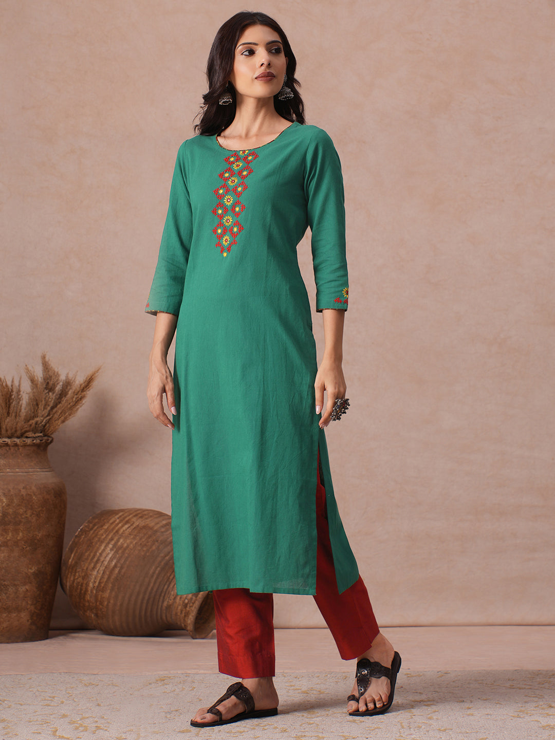 Straight Fit Cotton Khadi Kurta with Rabari-Inspired Hand Embroidery Work.