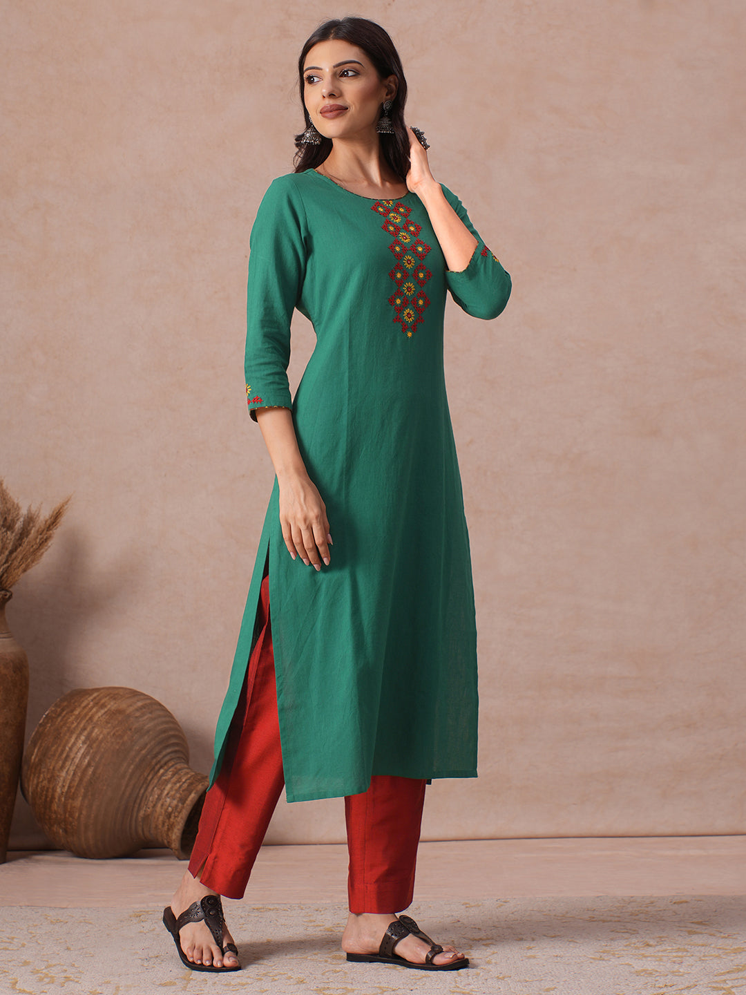 Straight Fit Cotton Khadi Kurta with Rabari-Inspired Hand Embroidery Work.