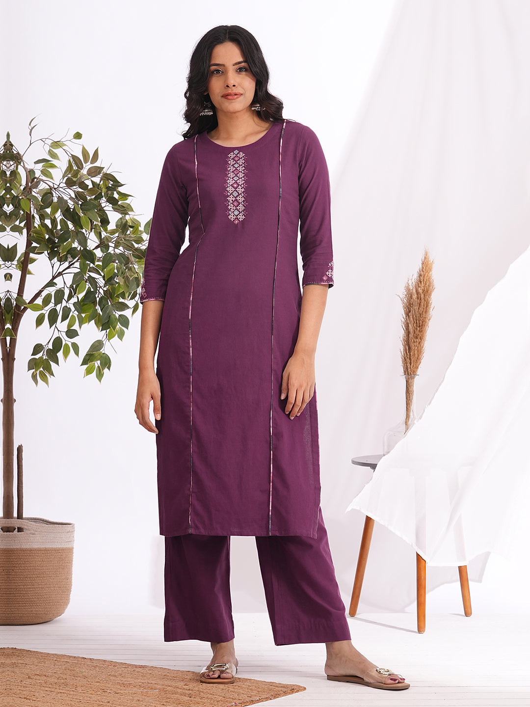 Straight fit cotton kurta with mirror work and hand block printed trim detailing