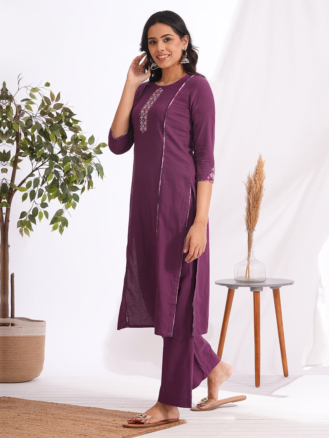 Straight fit cotton kurta with mirror work and hand block printed trim detailing
