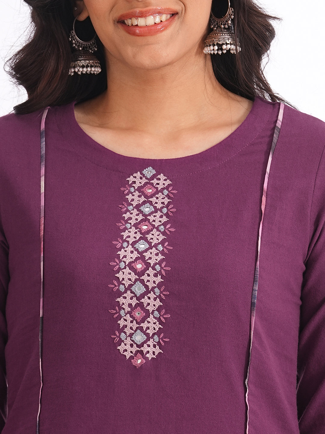 Straight fit cotton kurta with mirror work and hand block printed trim detailing