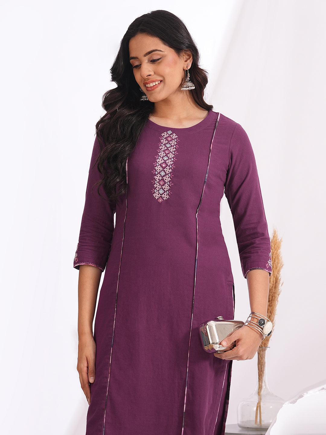 Straight fit cotton kurta with mirror work and hand block printed trim detailing