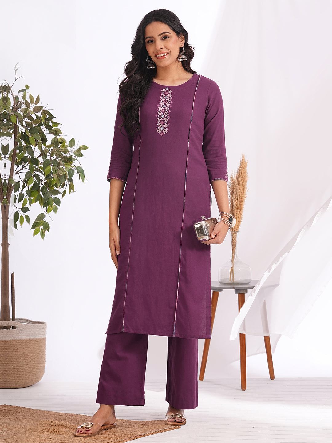 Straight fit cotton kurta with mirror work and hand block printed trim detailing