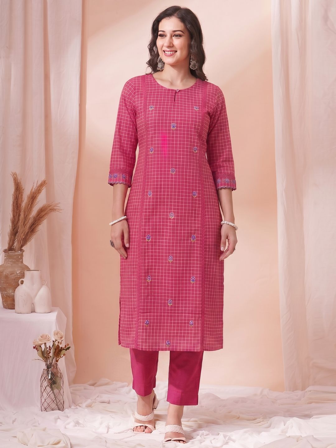 A-Line Cotton Checkered Kurta with Floral Embroidery & Lace Detailing.