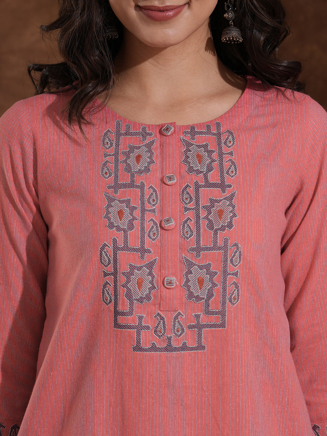 A-Line Kurta in Woven Cotton with All-Over Thread Embroidery and Pocket Detail
