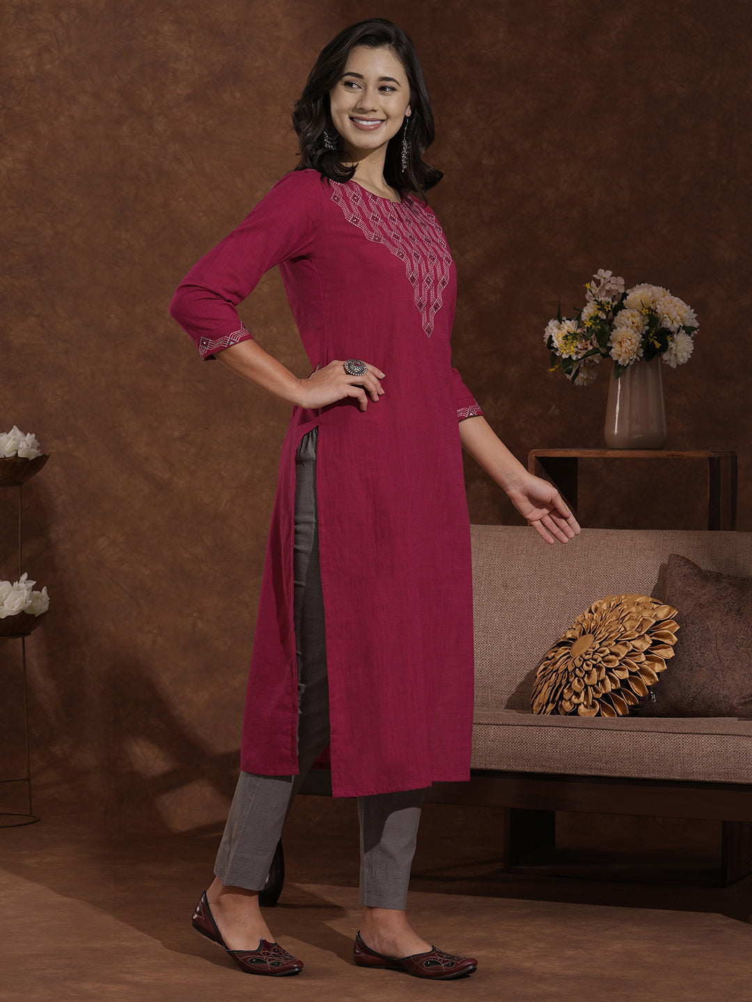 Fuchsia Pink Straight Cut Cotton Slub Kurta Featuring Thread and Mirror Work