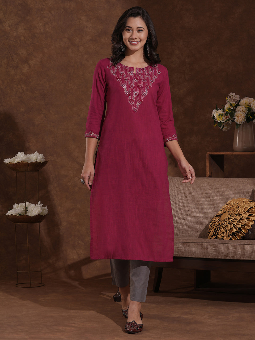 Fuchsia Pink Straight Cut Cotton Slub Kurta Featuring Thread and Mirror Work