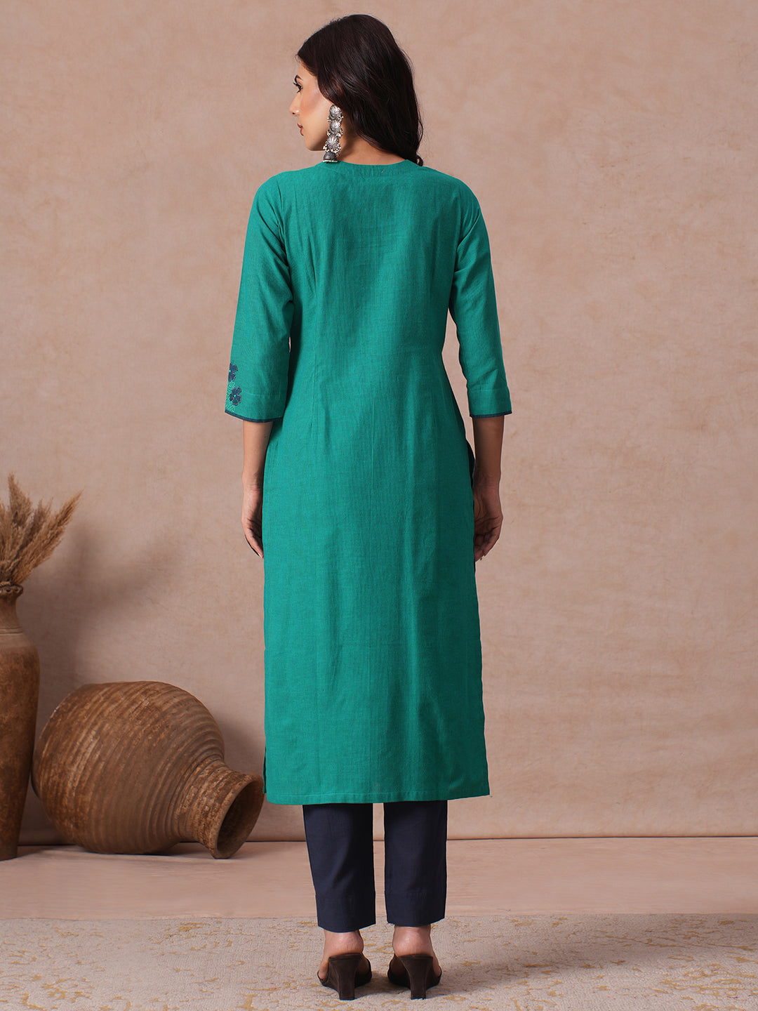 Straight Fit Cotton Stripe Kurta with Floral Applique and Machine Embroidery.