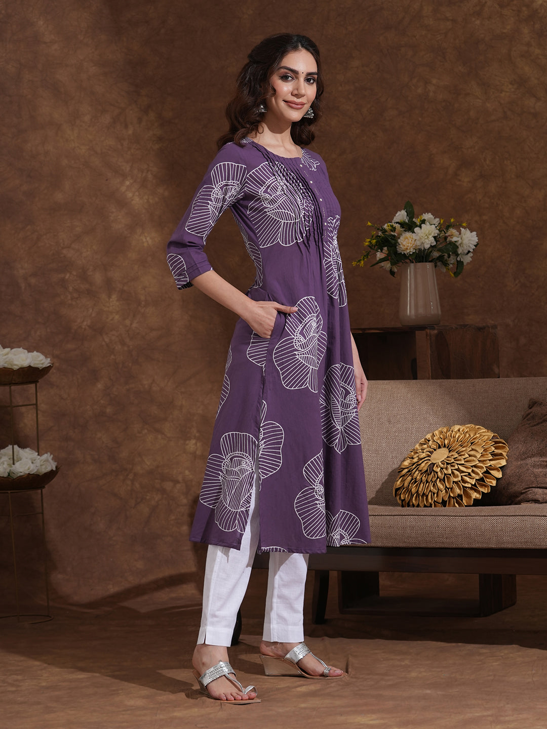 A-Line Matte Purple Kurta with Pleats, Bold Floral Print, Handwork and Pocket