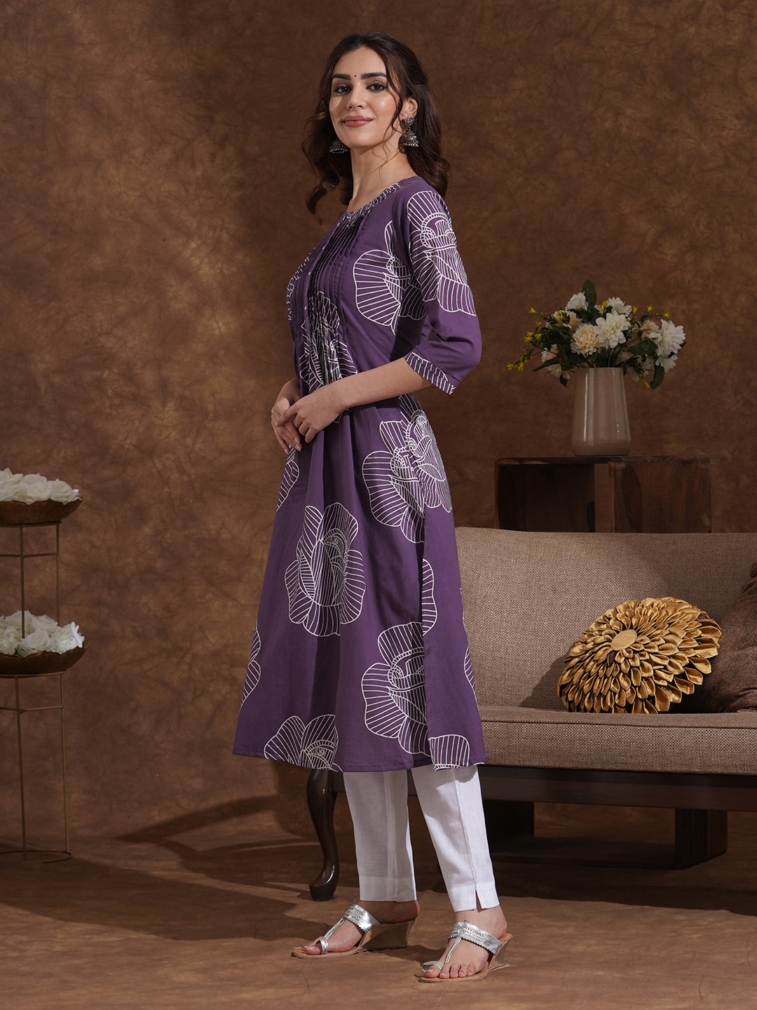 A-Line Matte Purple Kurta with Pleats, Bold Floral Print, Handwork and Pocket