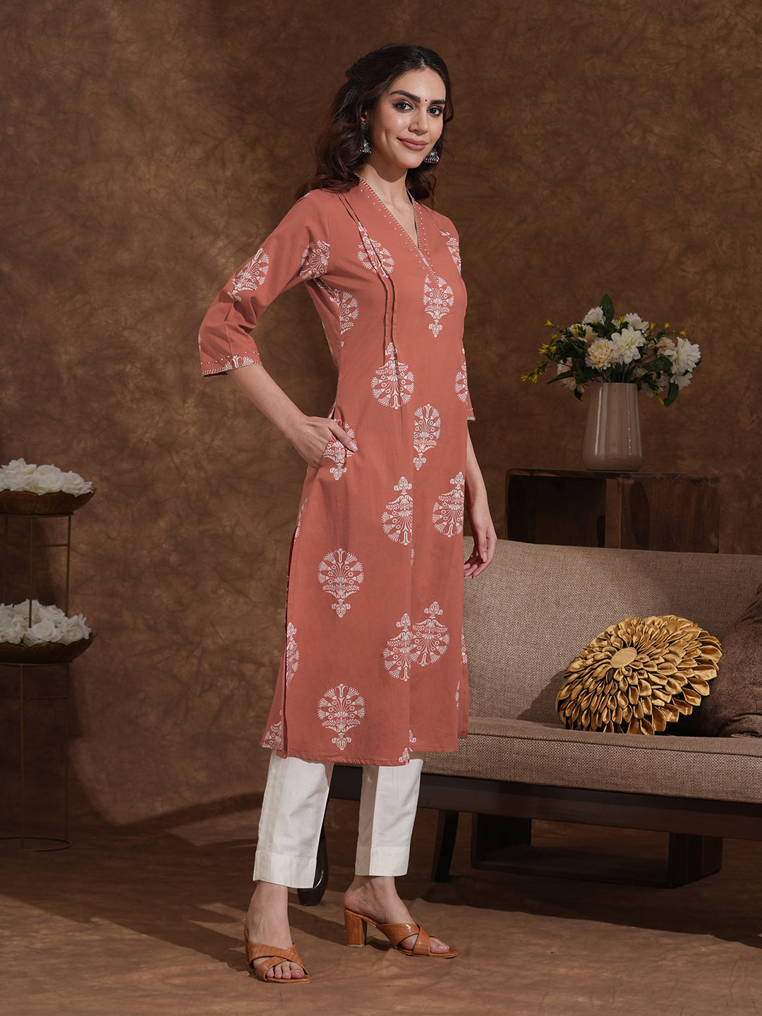Rust Orange A-Line Cotton Print Kurta with Beadwork and Functional Pocket