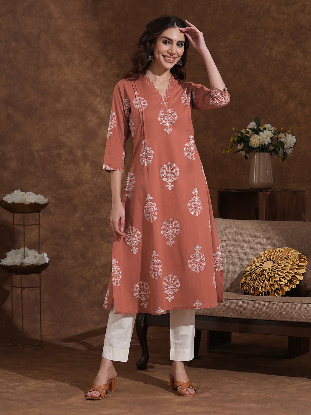 Rust Orange A-Line Cotton Print Kurta with Beadwork and Functional Pocket
