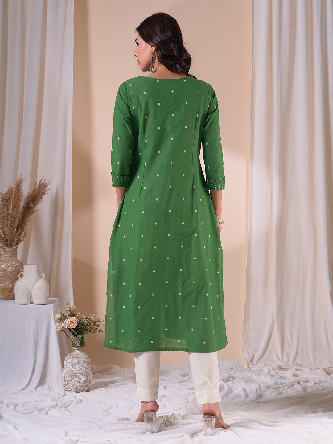 Pocketed A-line Cotton Dobby Kurta with Woven Stripes and Handwork.
