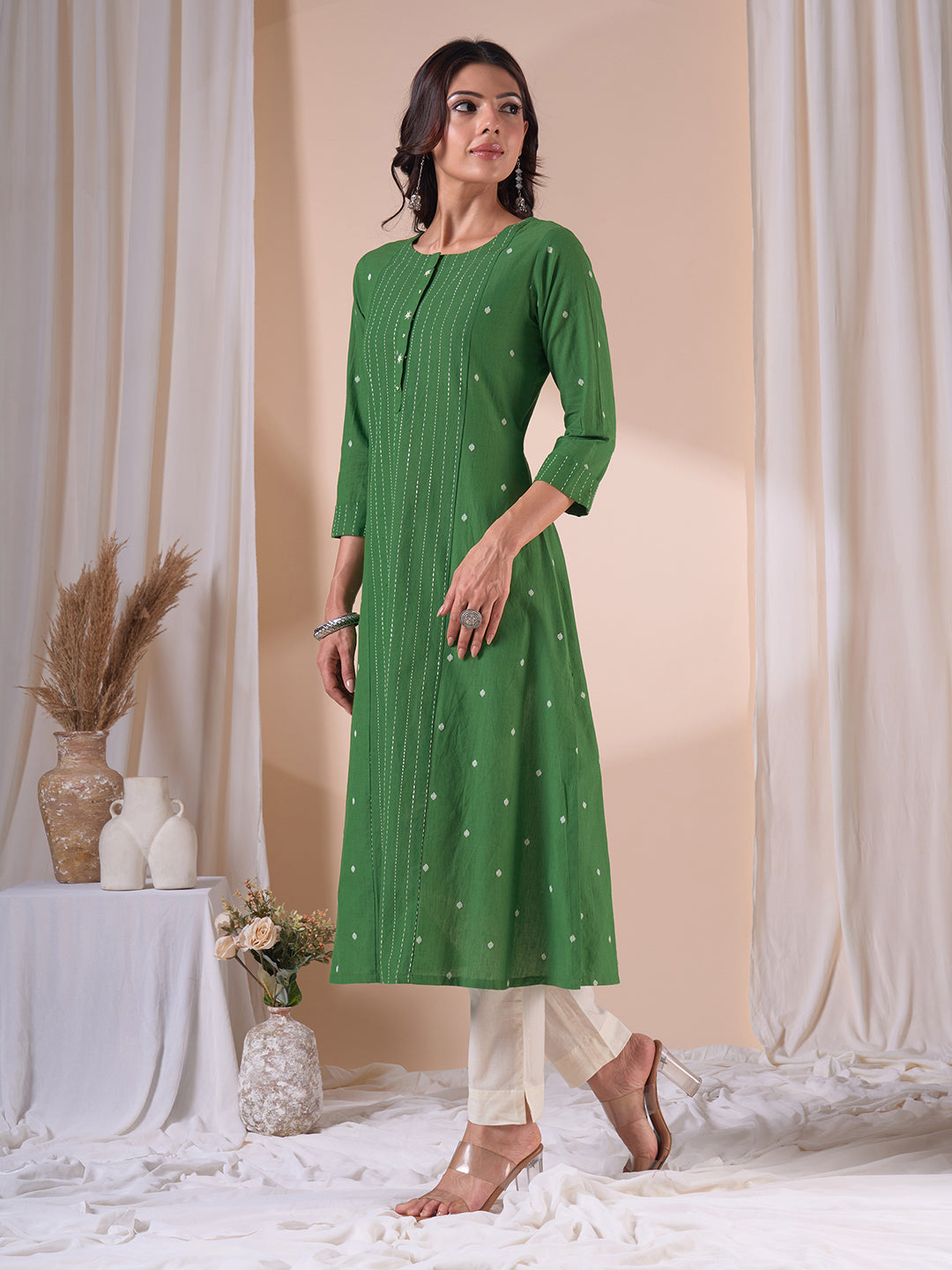 Pocketed A-line Cotton Dobby Kurta with Woven Stripes and Handwork.
