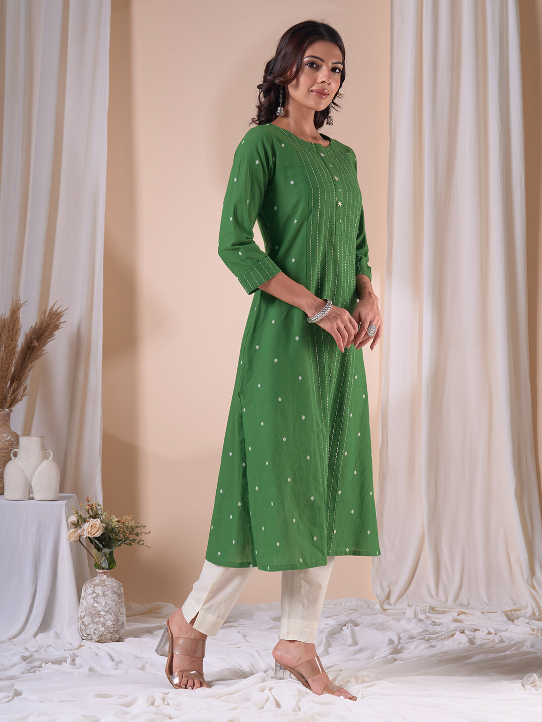 Pocketed A-line Cotton Dobby Kurta with Woven Stripes and Handwork.