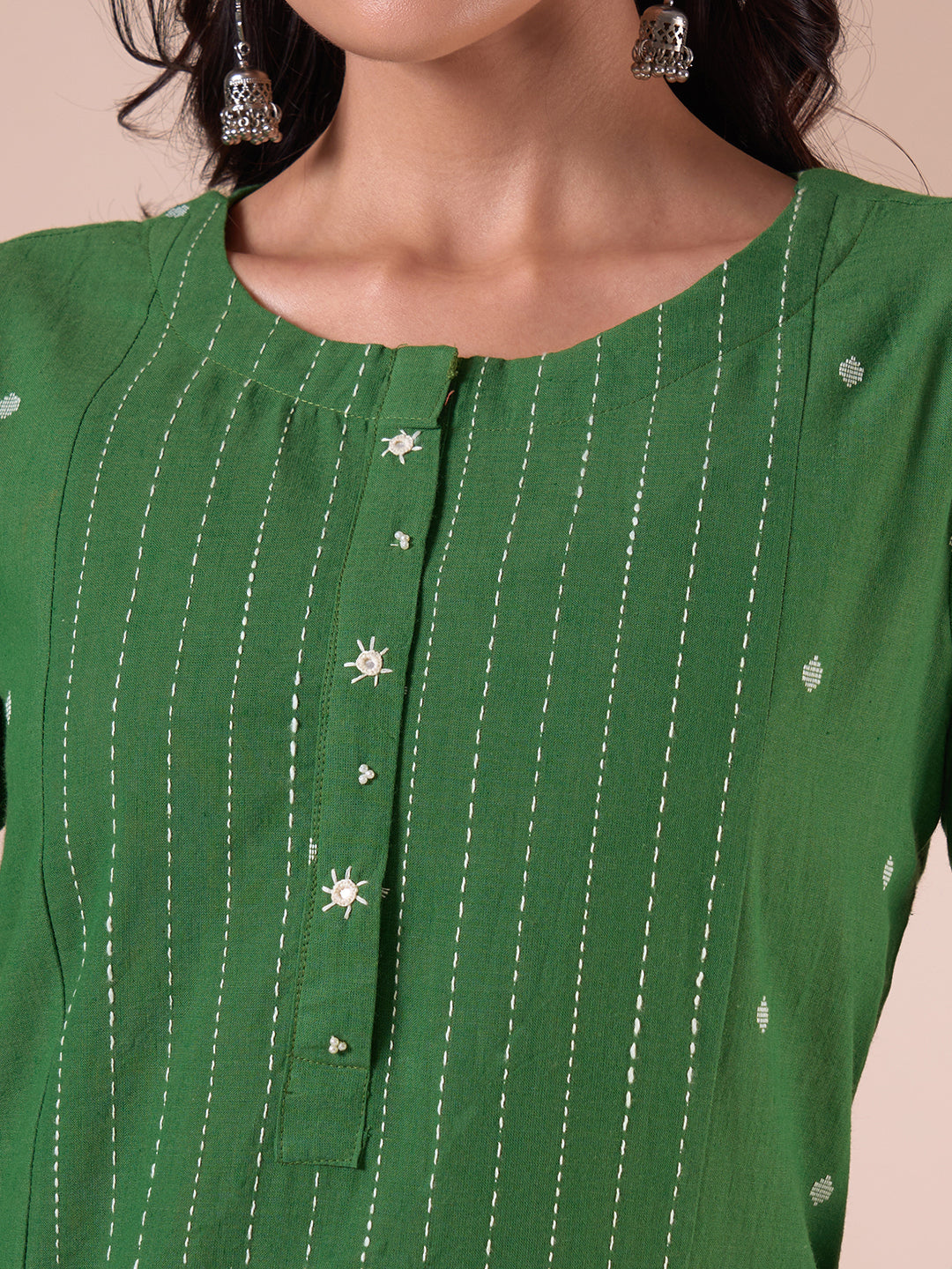 Pocketed A-line Cotton Dobby Kurta with Woven Stripes and Handwork.