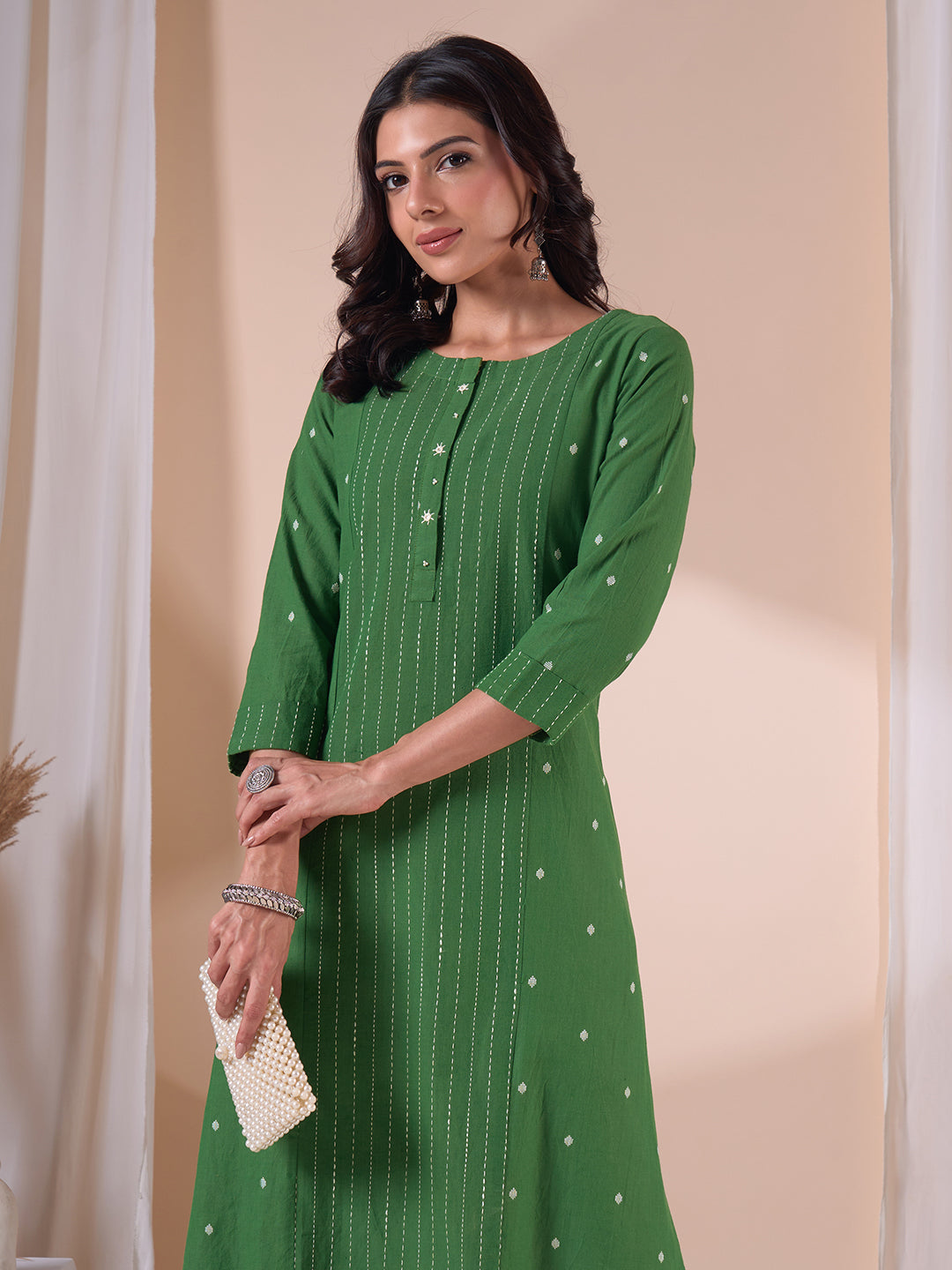 Pocketed A-line Cotton Dobby Kurta with Woven Stripes and Handwork.