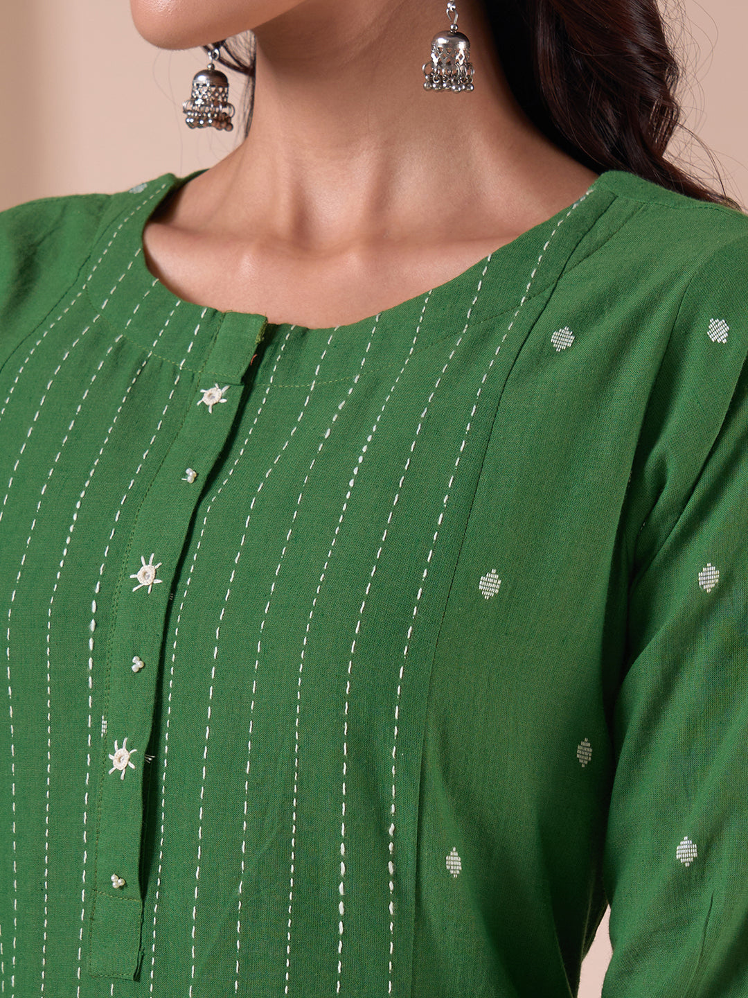Pocketed A-line Cotton Dobby Kurta with Woven Stripes and Handwork.