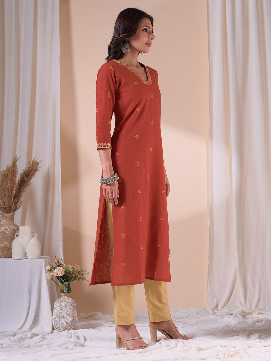 Straight Cotton Dobby Kurta with Hand Work and Mustard Trim Detailing.