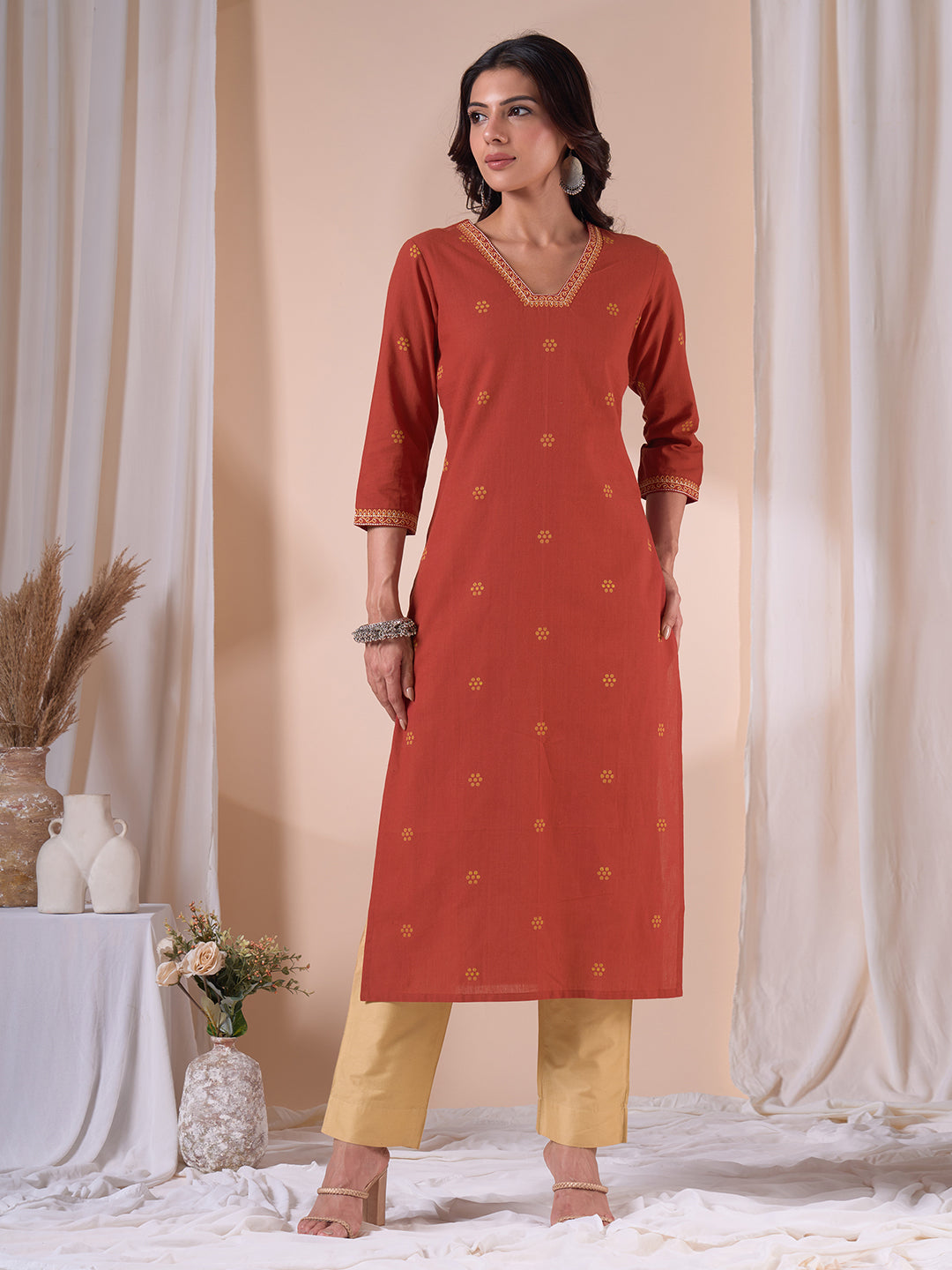 Straight Cotton Dobby Kurta with Hand Work and Mustard Trim Detailing.