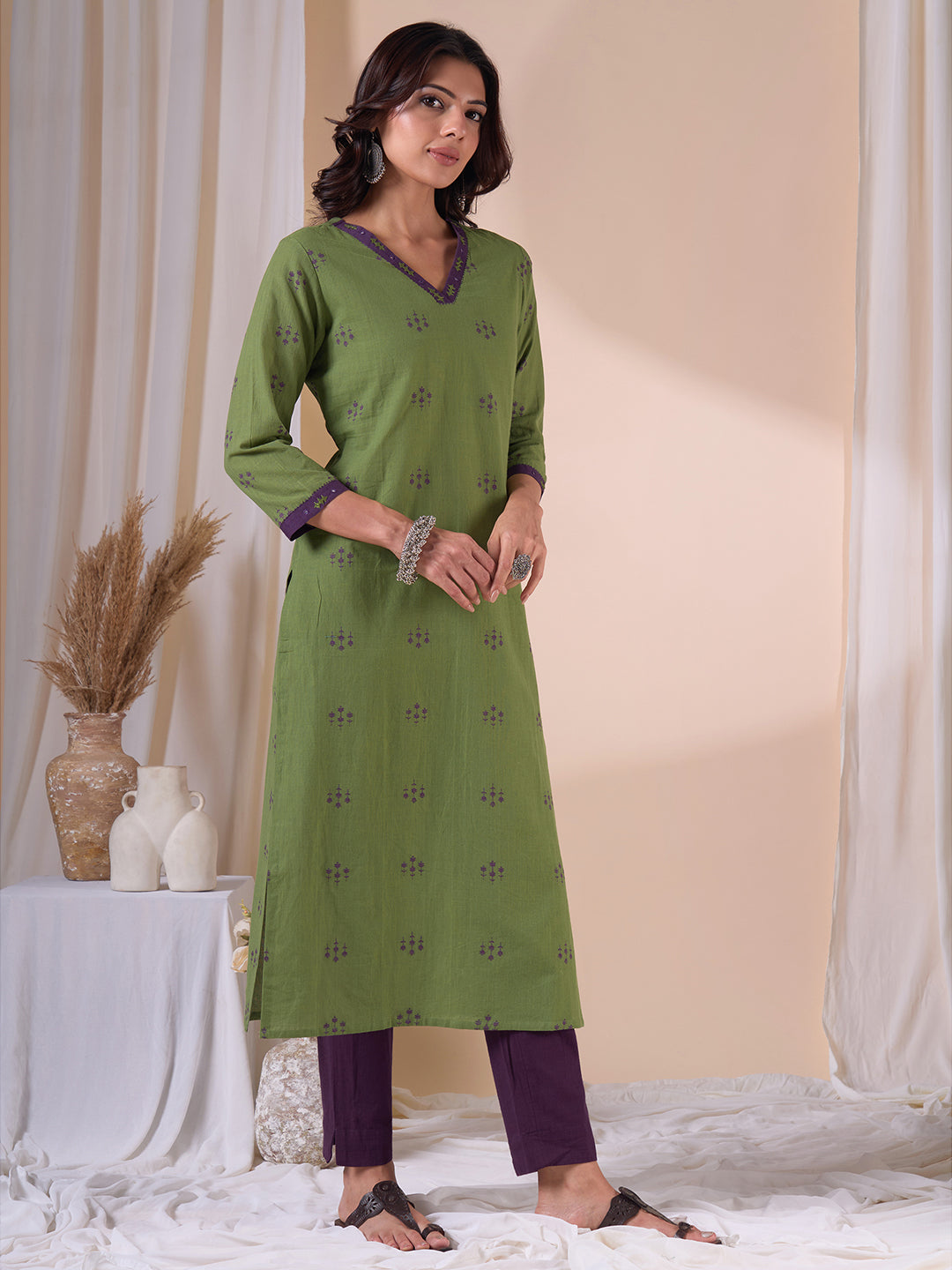 Straight Fit Cotton Dobby Kurta with Hand Embroidery, Mirror work & Purple Trim.
