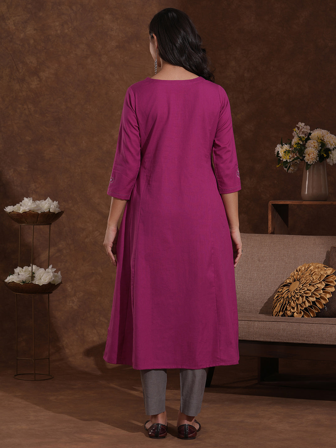 Embroidered fuchsia pink cotton flex kurta in an A line fit with inseam pocket.