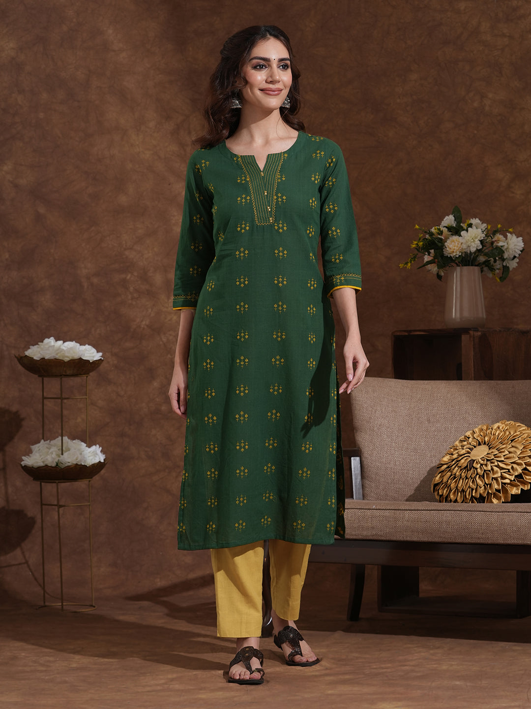 Elegant Straight Fit Cotton Dobby Kurta with Hand Embroidery and Mirror Embellishment