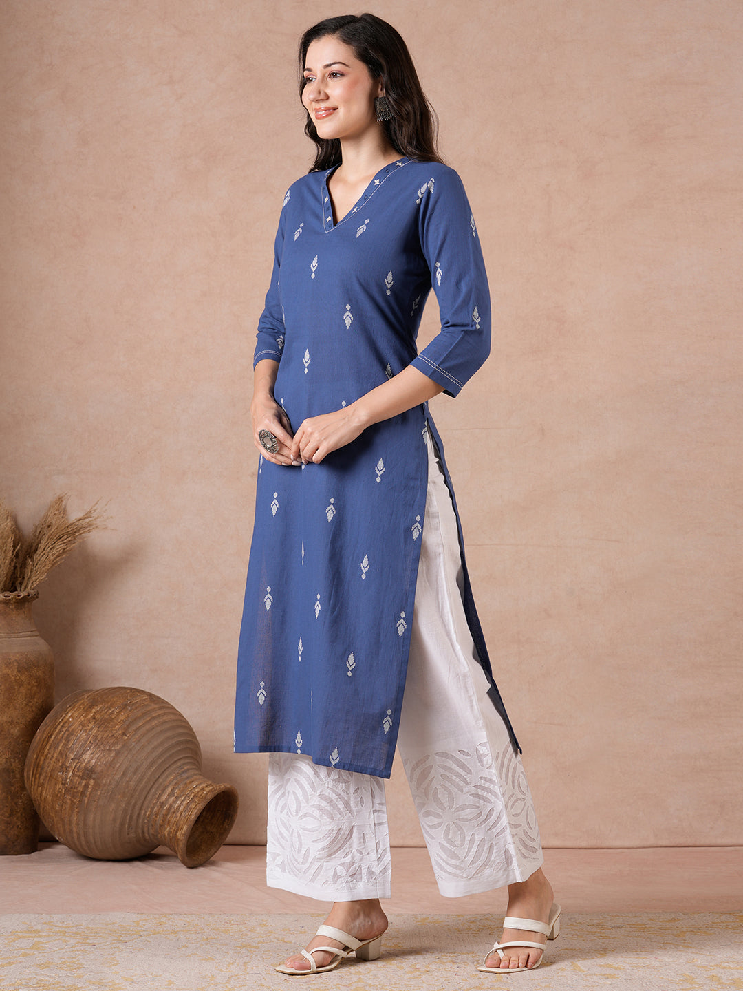 Straight Fit Cotton Dobby Kurta with Hand Embroidery & V-Neck Detail.