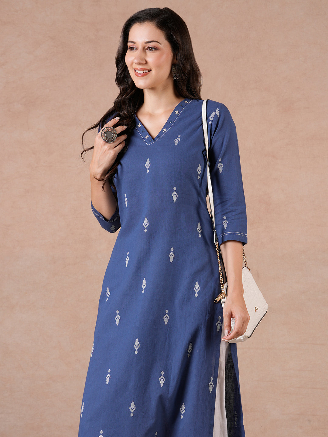 Straight Fit Cotton Dobby Kurta with Hand Embroidery & V-Neck Detail.