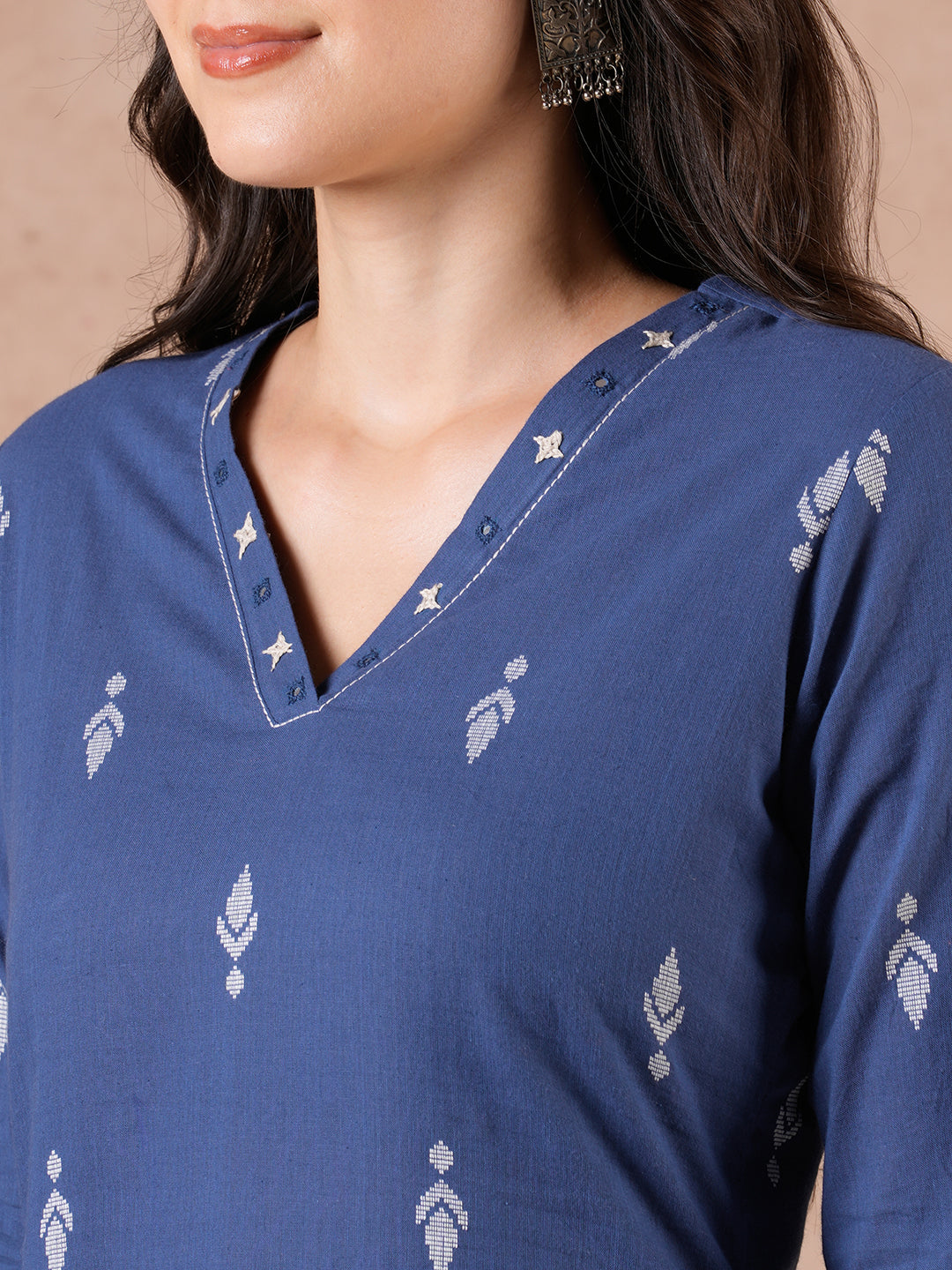 Straight Fit Cotton Dobby Kurta with Hand Embroidery & V-Neck Detail.