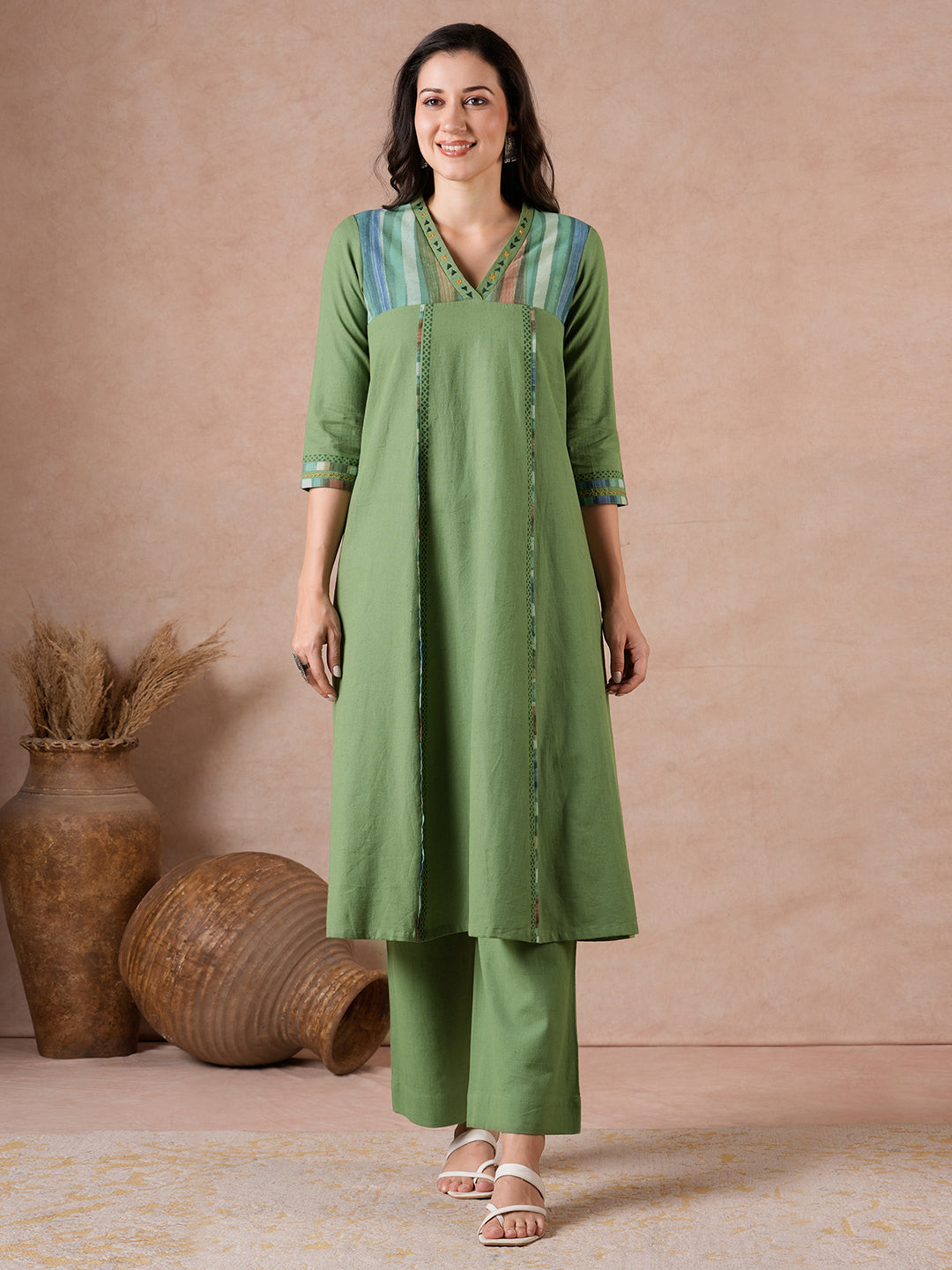 Flared Cotton Flex Kurta with Hand Block Print & Hand Embroidery.