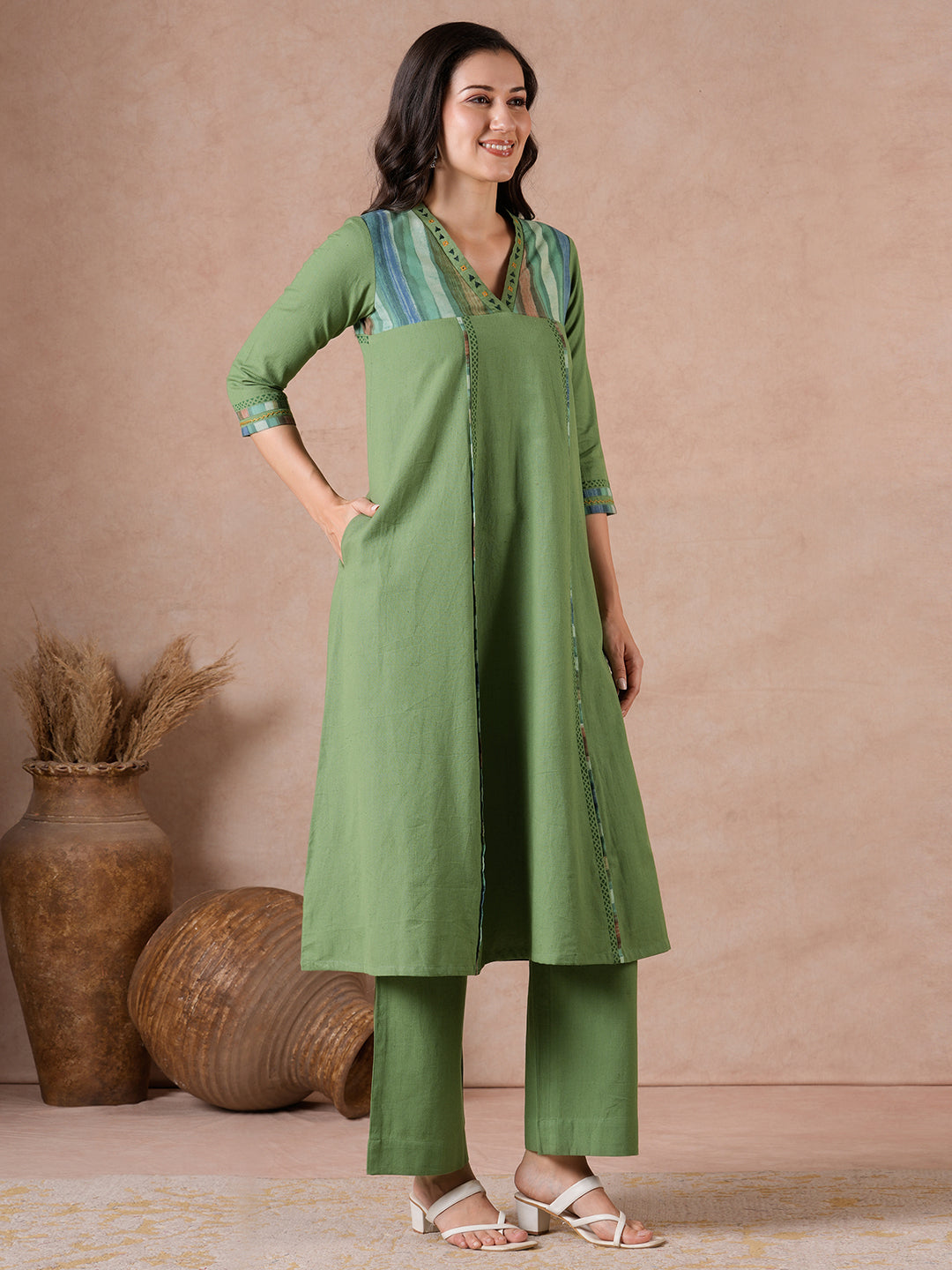 Flared Cotton Flex Kurta with Hand Block Print & Hand Embroidery.