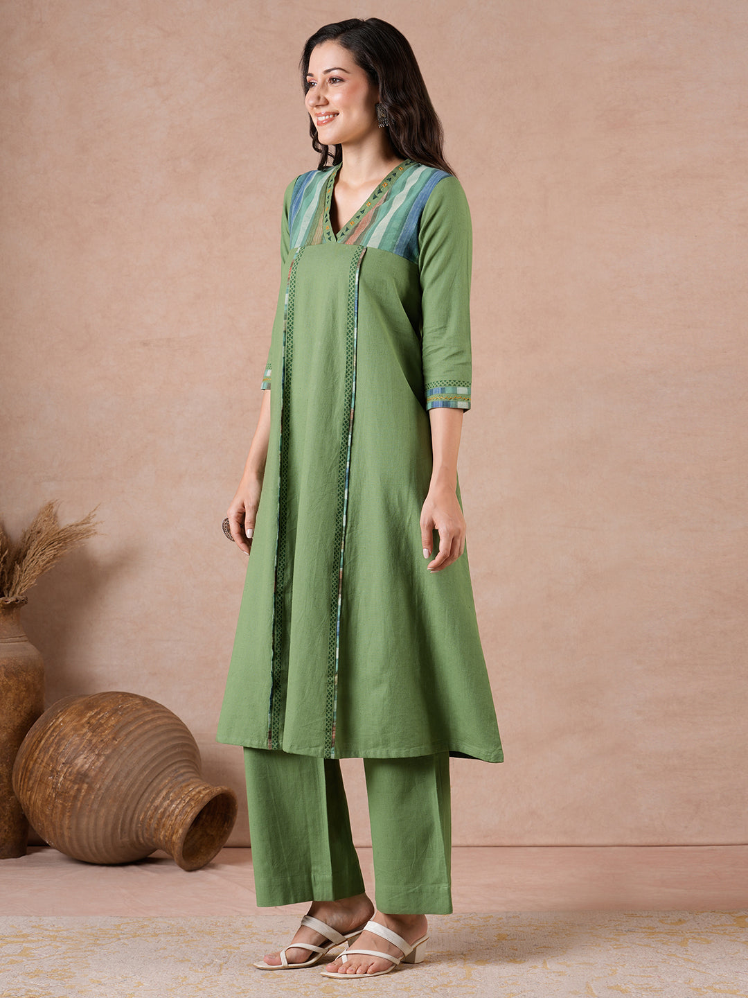 Flared Cotton Flex Kurta with Hand Block Print & Hand Embroidery.