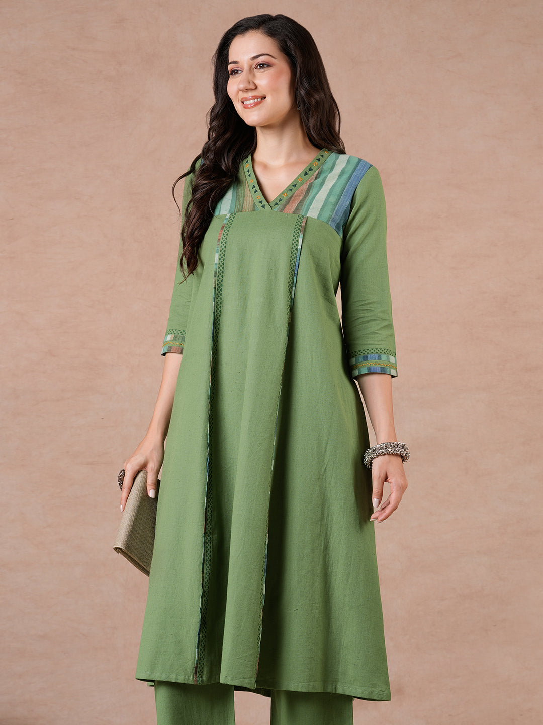 Flared Cotton Flex Kurta with Hand Block Print & Hand Embroidery.