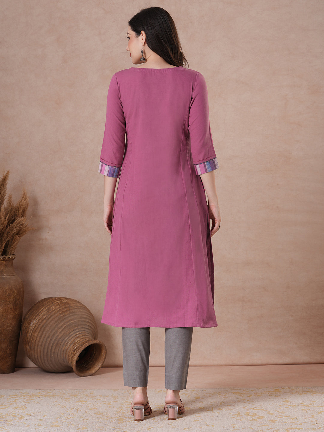 Women Solid A-Line Kurta with Contrast Panel Detail on Neckline.
