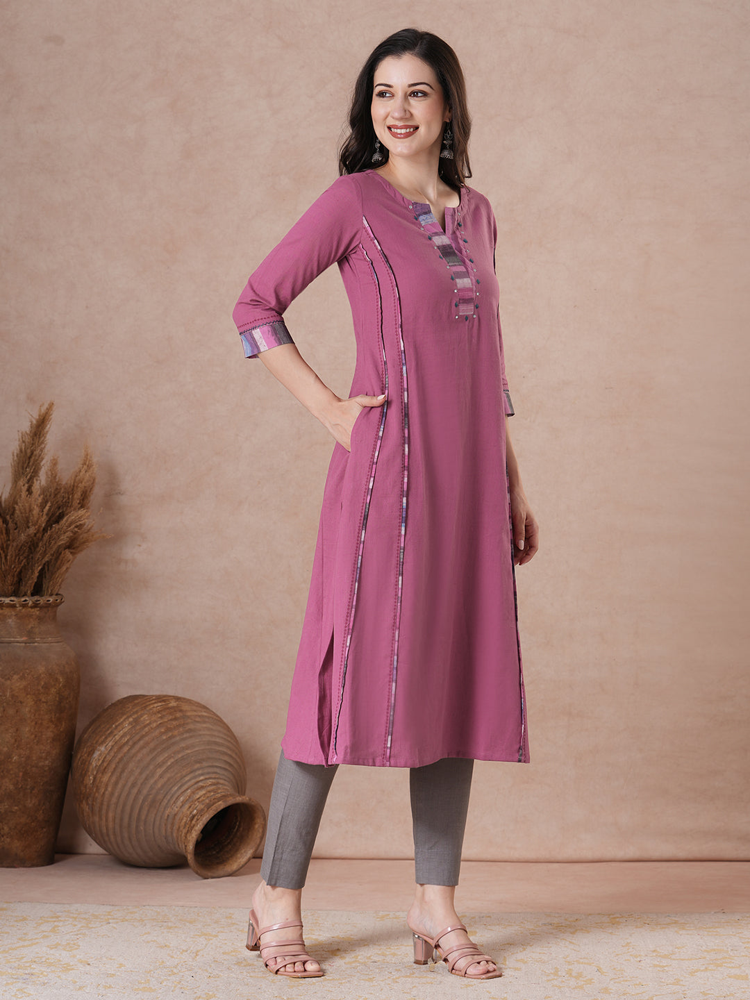 Elegant Cotton Solid A-Line Kurta with Contrast Panel on Neckline