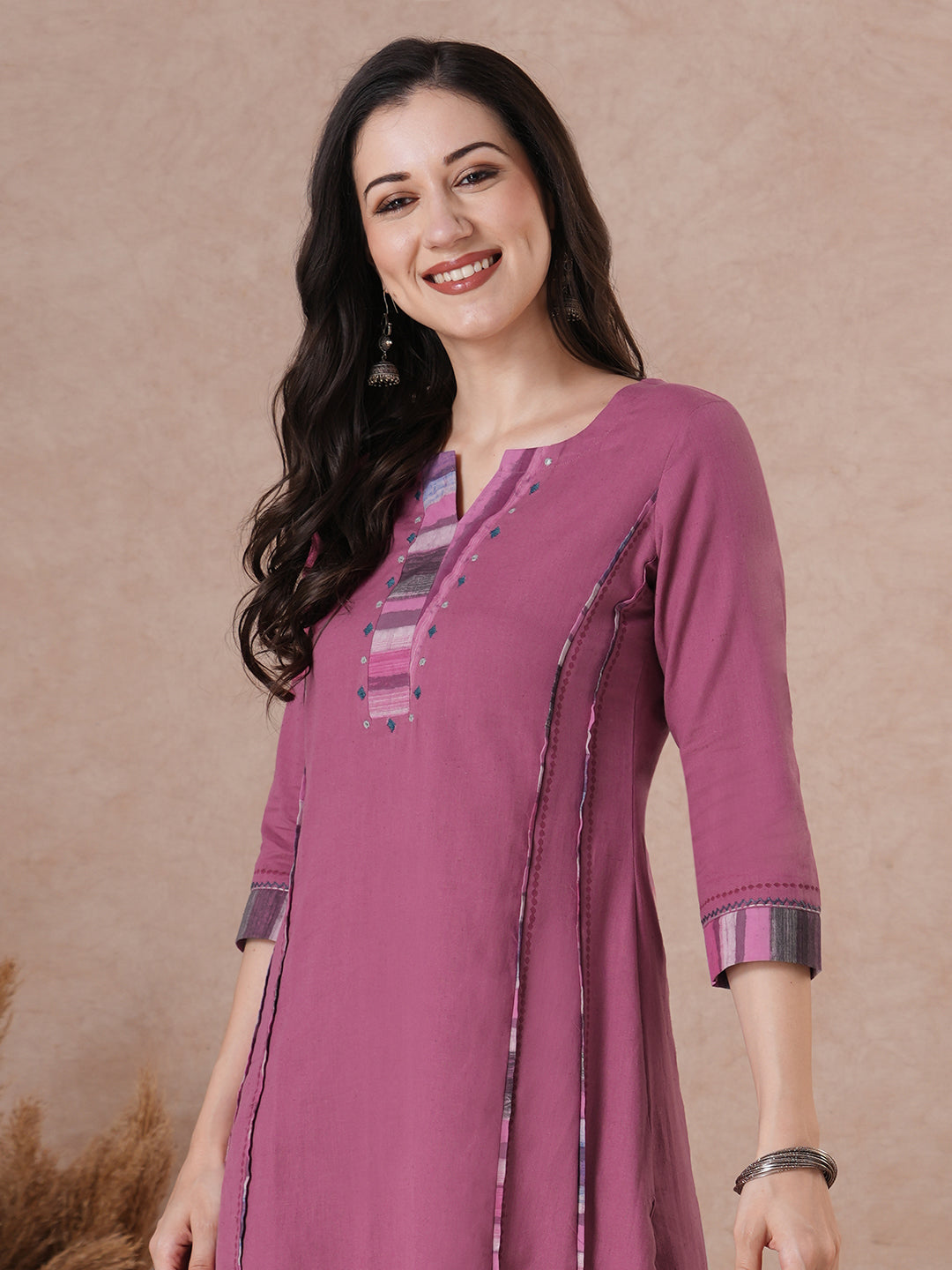 Elegant Cotton Solid A-Line Kurta with Contrast Panel on Neckline