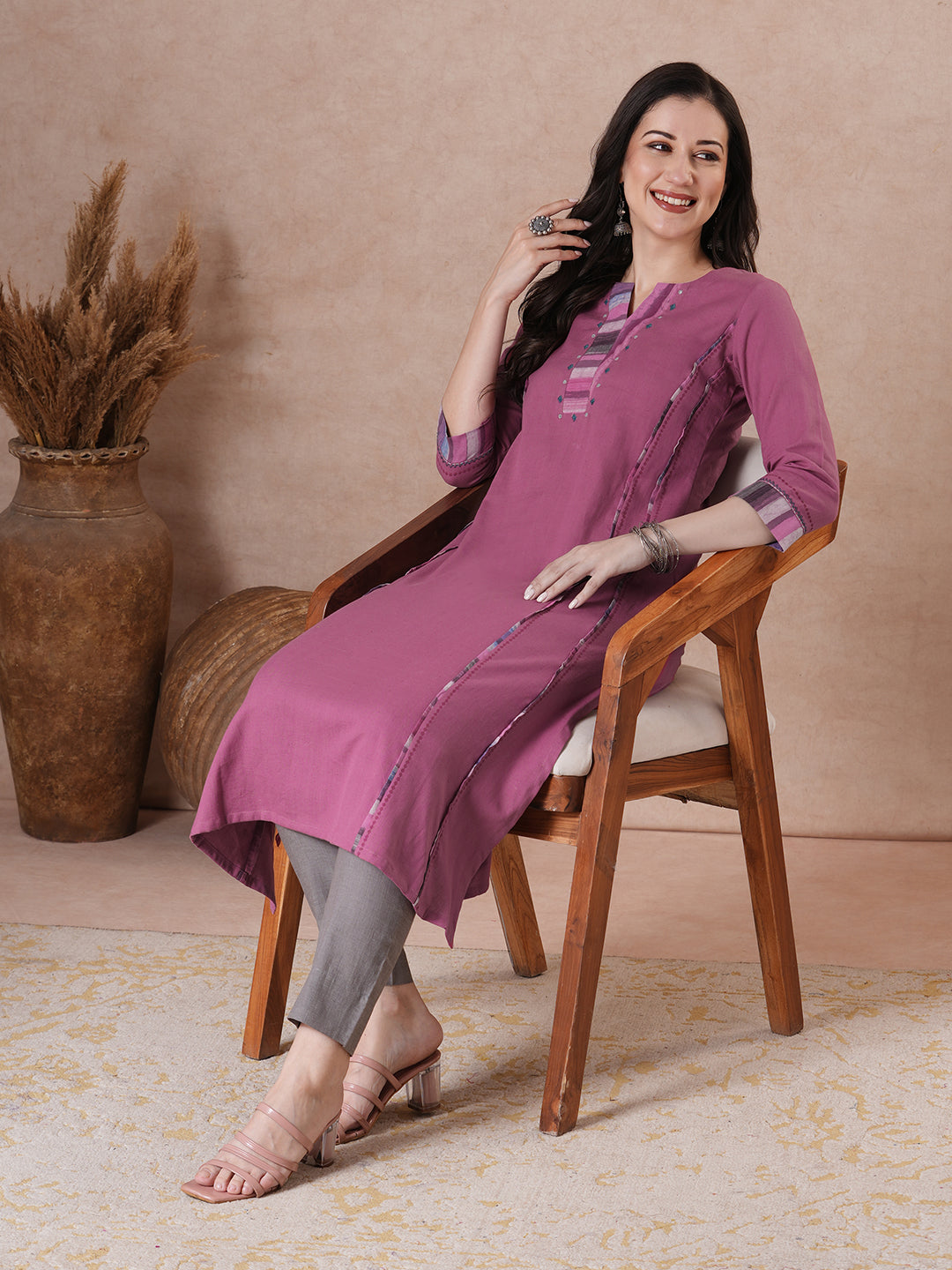 Elegant Cotton Solid A-Line Kurta with Contrast Panel on Neckline
