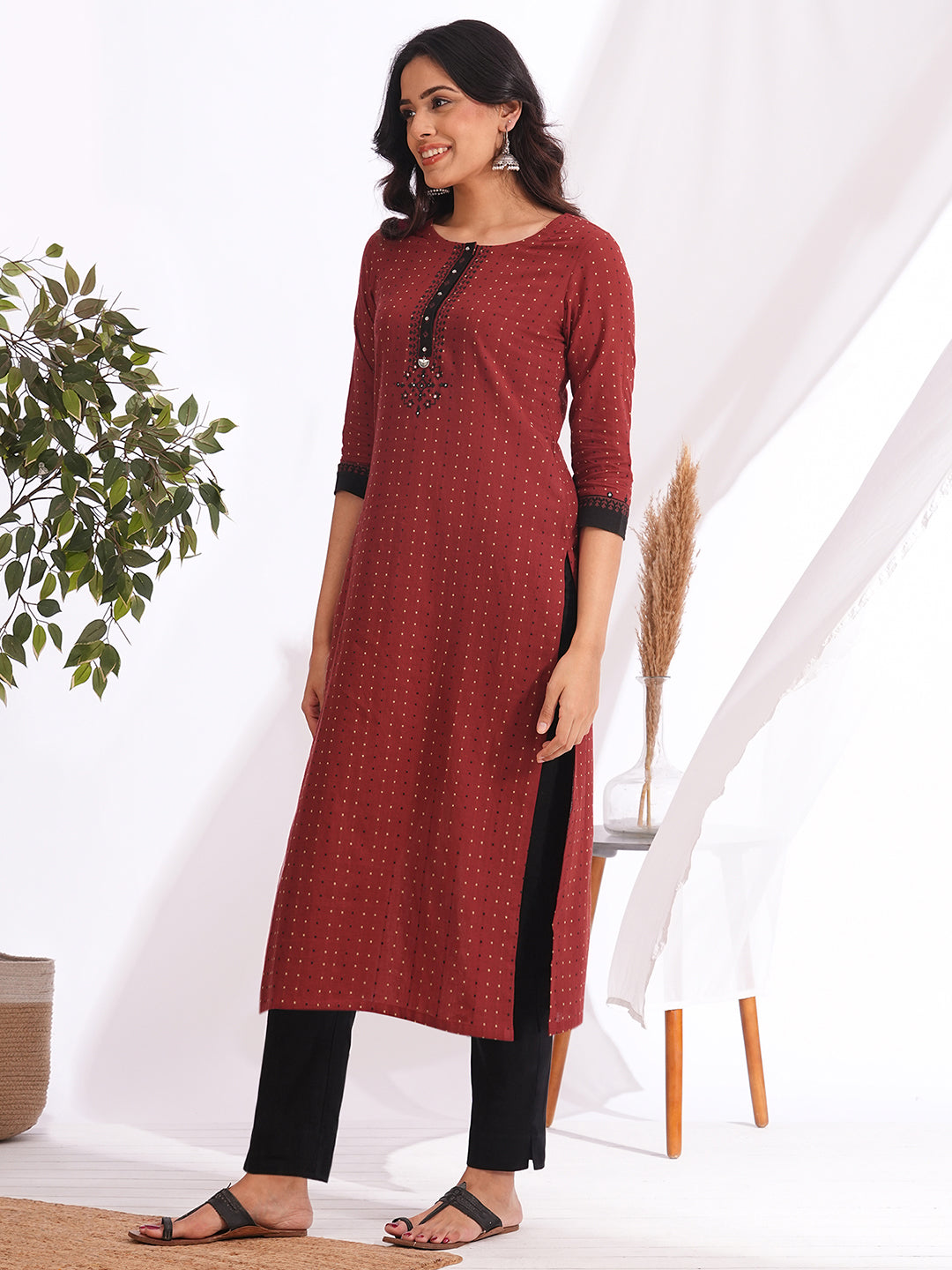 Straight fit dobby kurta with block print and handwork around the placket and cuff
